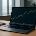Laptop on a desk displaying a financial trading chart.