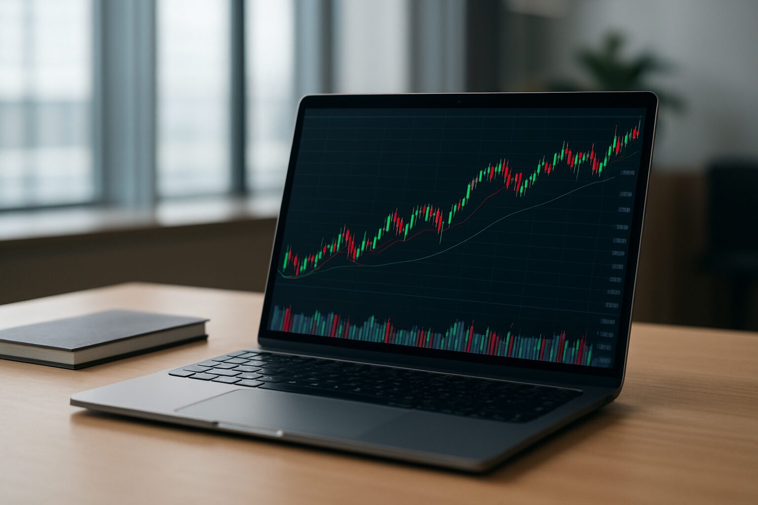 Laptop on a desk displaying a financial trading chart.