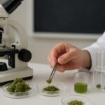 A hand using tweezers to handle cannabis samples next to a microscope and test tubes, illustrating quality analysis.
