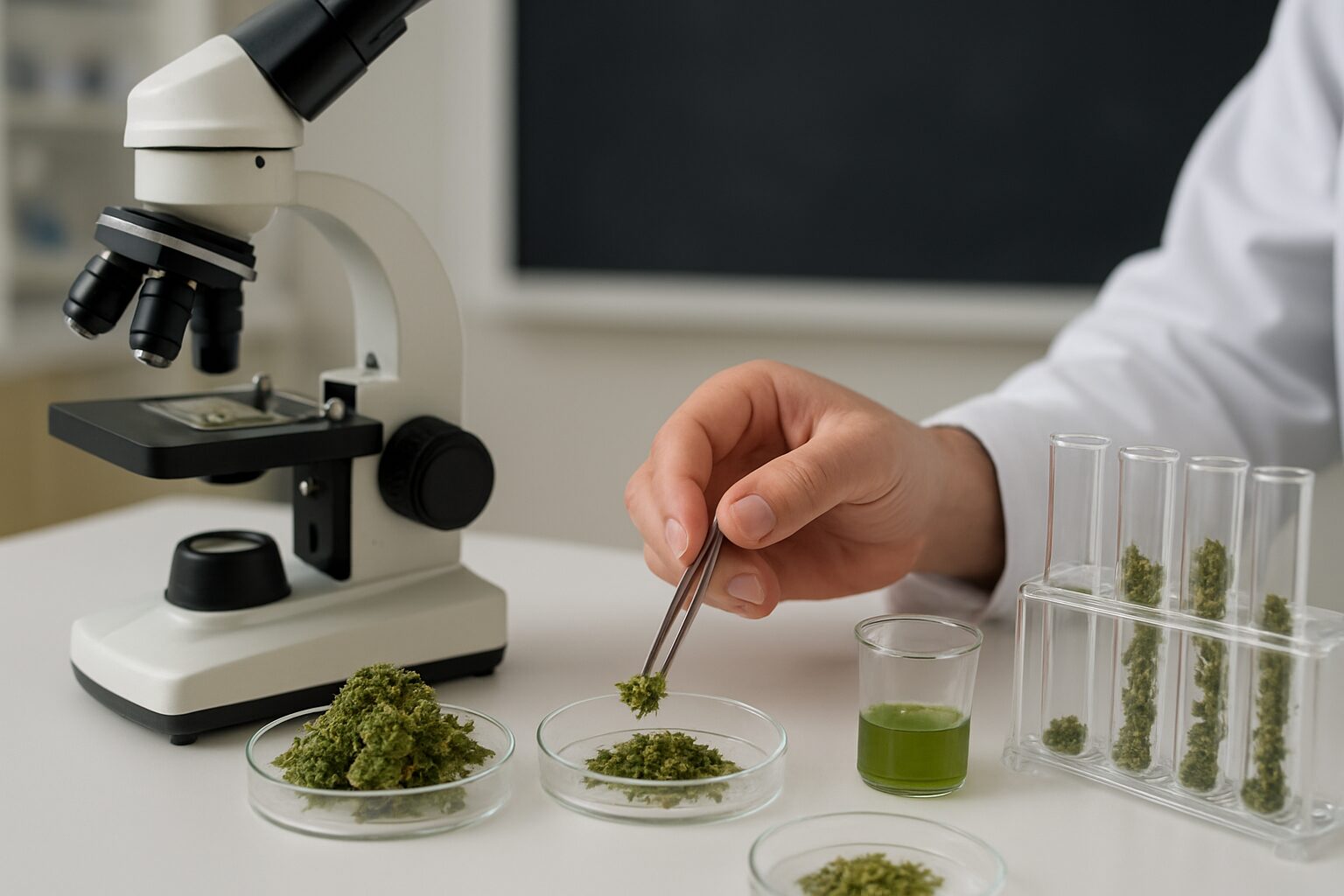 A hand using tweezers to handle cannabis samples next to a microscope and test tubes, illustrating quality analysis.