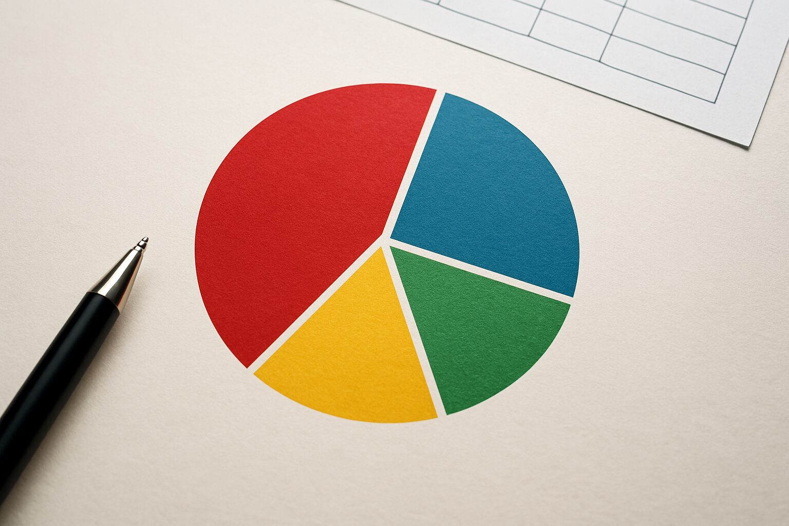 a pie chart with four colorful segments on a desk