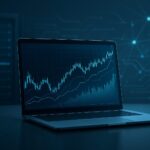 Laptop displaying financial charts with digital network graphics in the background