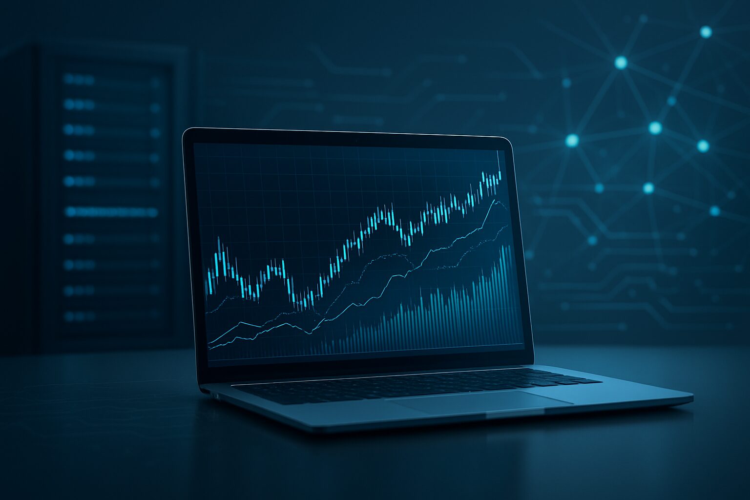 Laptop displaying financial charts with digital network graphics in the background