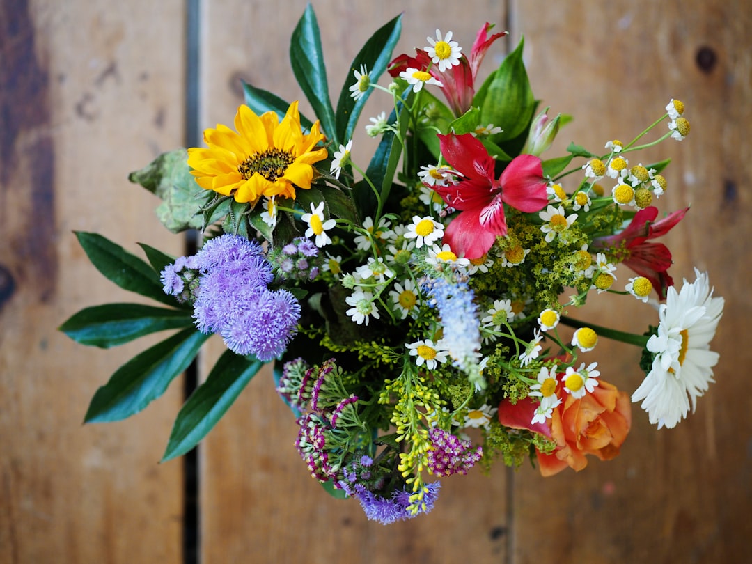 A beautiful arrangement of fresh flowers including sunflowers, daisies, and colorful blooms in a natural setting
